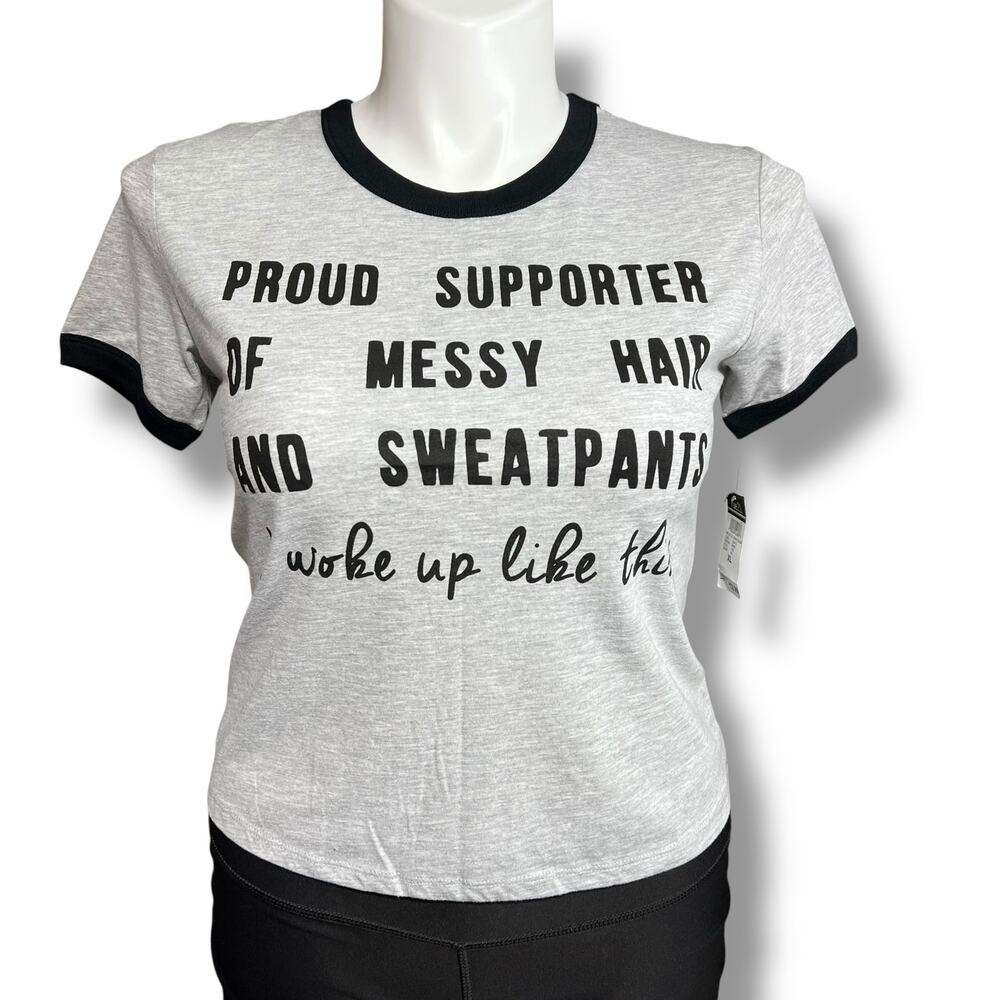 Freeze Womens Crop Top T Shirt Short Sleeve Messy Hair and Sweatpants Gray XL